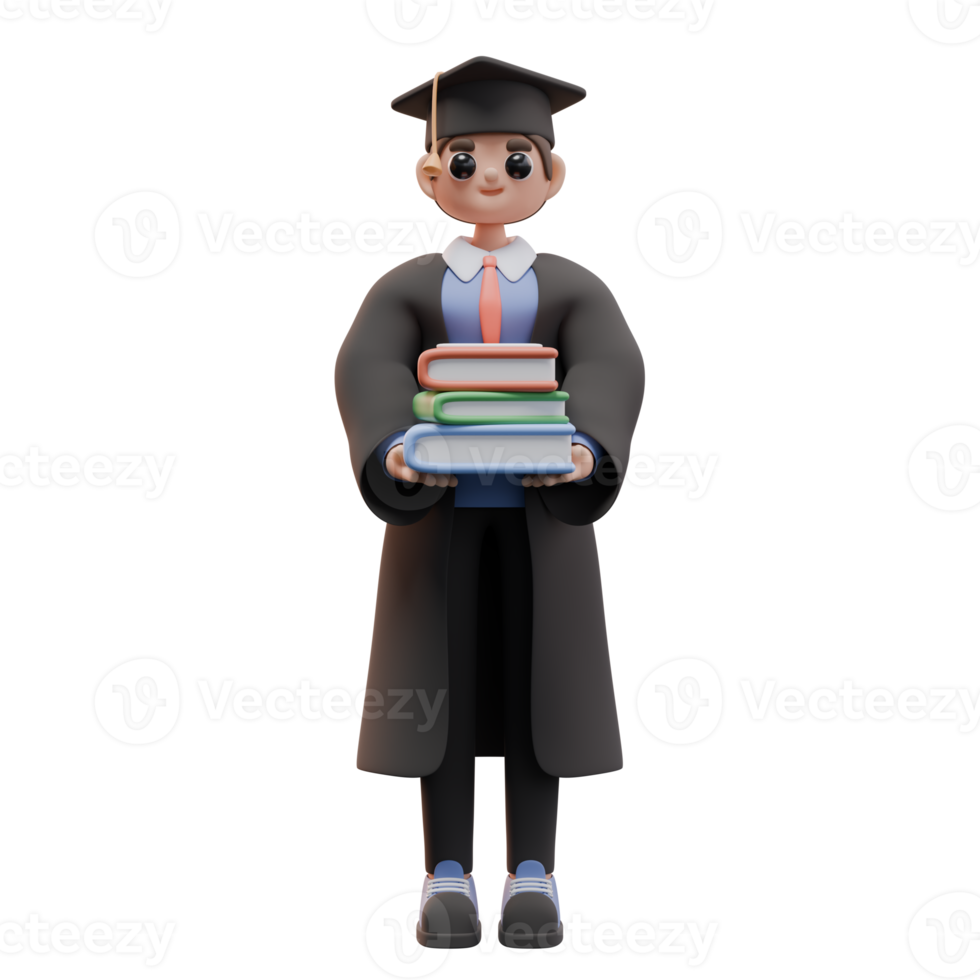 3d render of student boy standing and holding a stack of books. Boy in graduation clothes. Study concept. Design for web or app illustration png