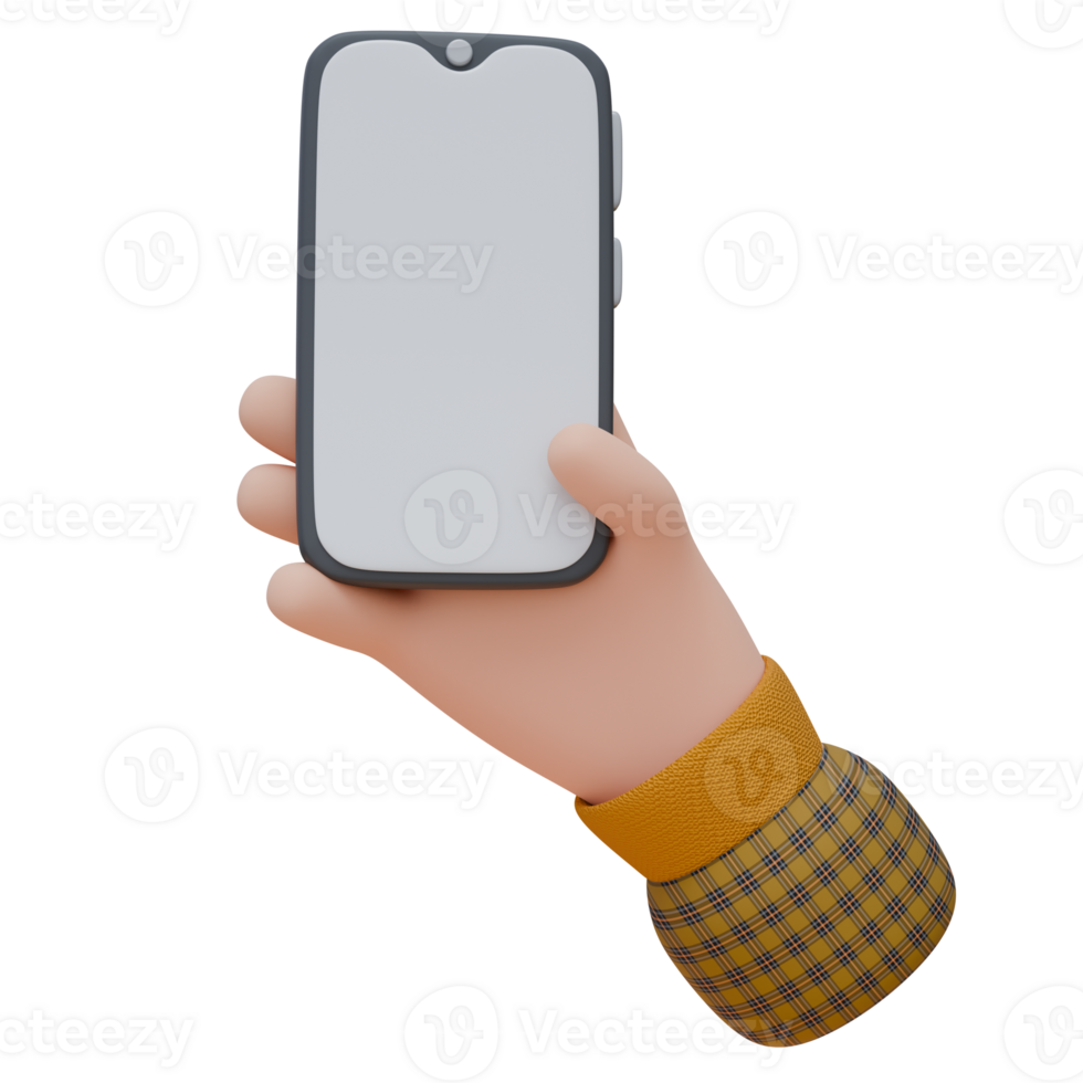 3D illustration of a hand holding a smartphone in vertical with empty screen. Technology concept. Icon design for web or app. png