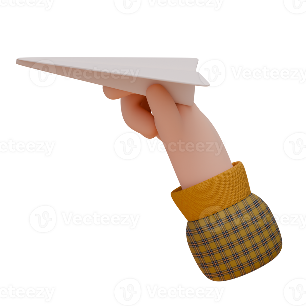 3D illustration of a hand holding a paper plane. Communication concept. Icon design for web or app. png