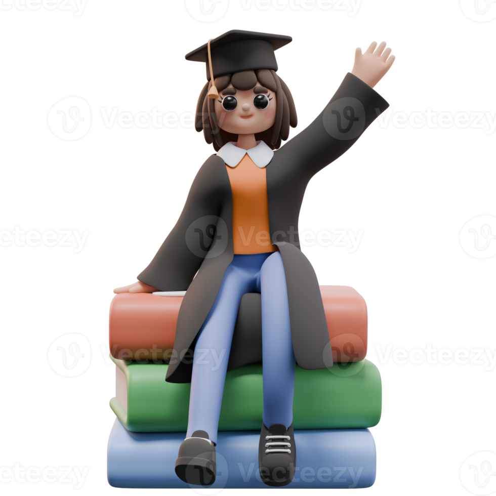 3d render of Student Girl sitting on giant stack of books in graduation clothes. University or college Study concept. Design for web or app illustration png