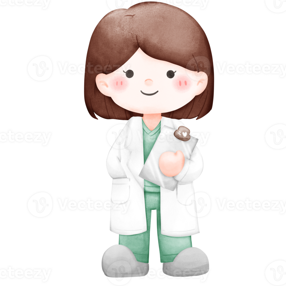 cute female doctor girl holding medical chart watercolor han draw illustration isolated png