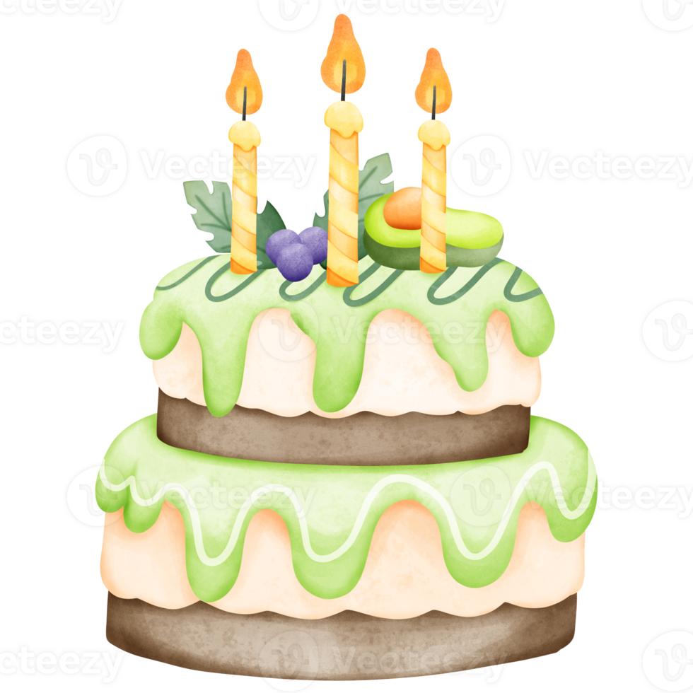 Green avocado theme happy birthday cake with watercolor, isolated png