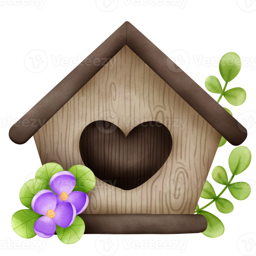 di legno uccello Casa decorato con viola fiore con foglia con cuore forma acquerello mano disegnare isolato png