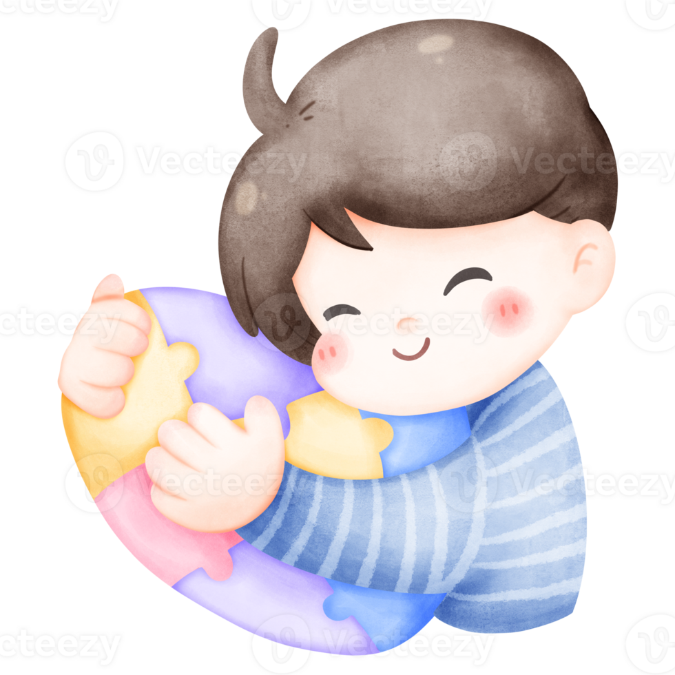 Boy holding rainbow jigsaw puzzle heart , symbol for world autism day, cute cartoon, watercolor, isolated png