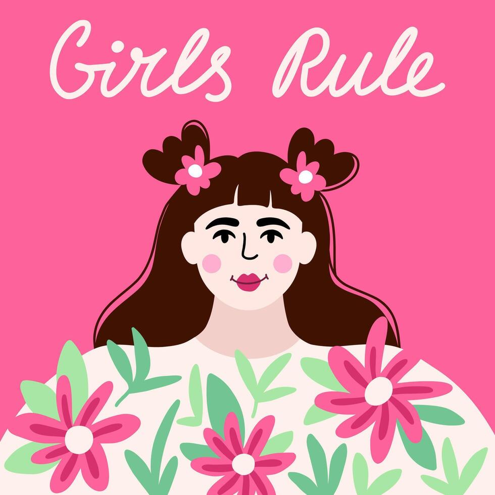 A postcard with a girl in a t-shirt flower and an inscription Girls rule vector