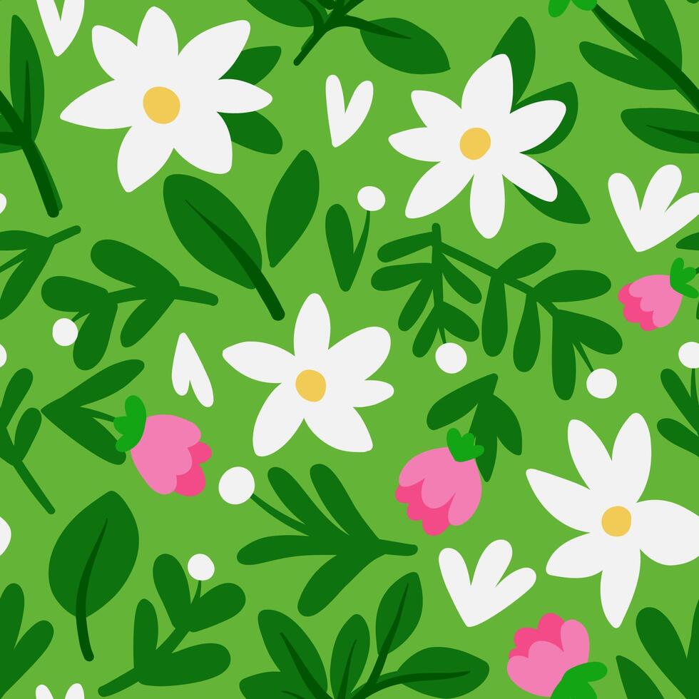 Seamless pattern with a meadow of daisies and tulips vector