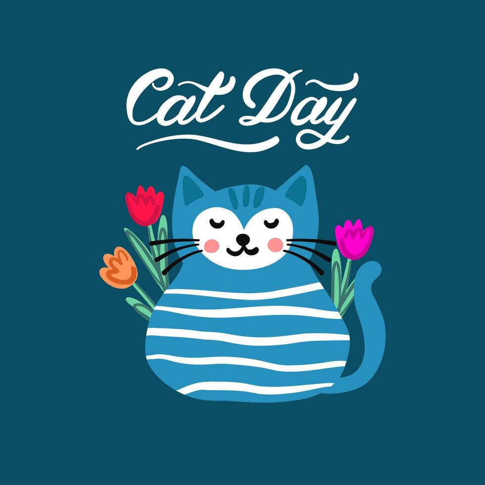 mundo gato día. un a rayas gato con flores mano letras vector