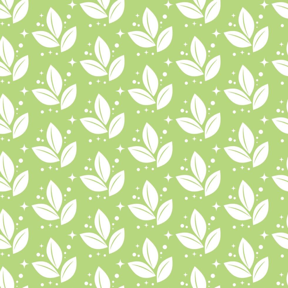 White leaves over light green background seamless pattern. Vector illustration for decor, textiles, packaging, invitations, wallpapers, wrapping paper.