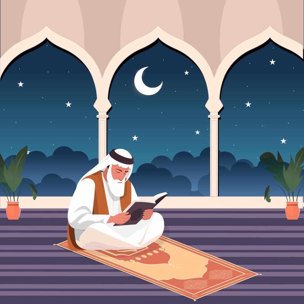 Flat muslim man reading the quran in the mosque design illustration vector