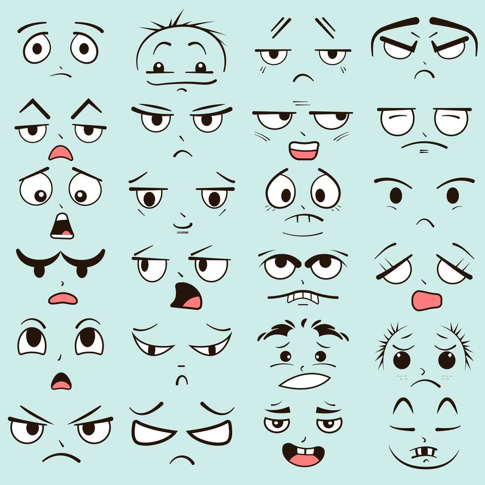 Cute kawaii faces. Manga style set of face expressions. Funny cartoon faces collection with different expressions and emotions. Expression anime character and emoticon face illustration vector