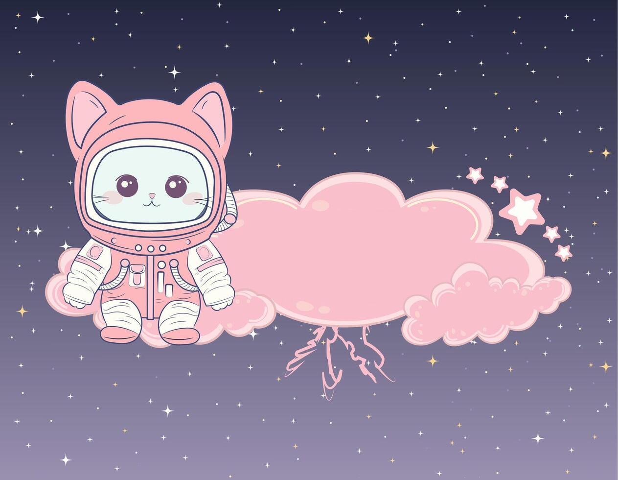 Cute kawaii astronaut cat on pink clouds background vector