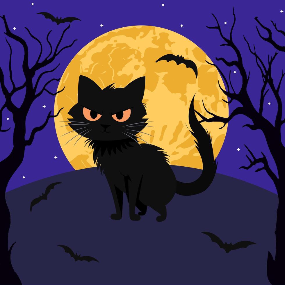 Halloween illustration with black cat, bats, and scary trees on moon background vector