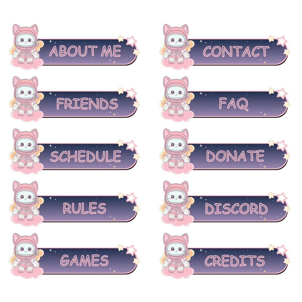 Cute kawaii twitch panels with pink astronaut cat on clouds for streamers vector