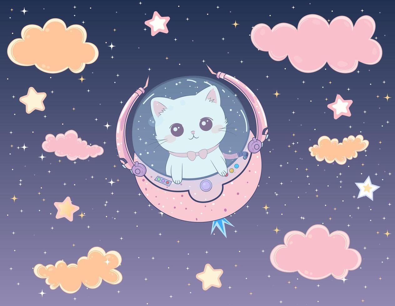 Cute cat astronaut ride spaceship in beautiful space landscape vector