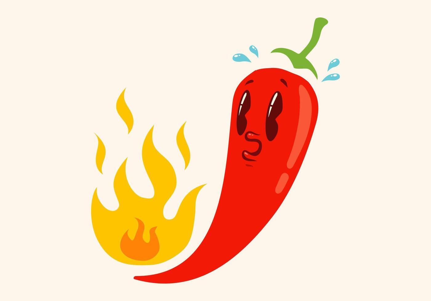 Vector illustration of a spicy chili pepper with flame in retro style. Cartoon red chili pepper for Mexican or Thai food.