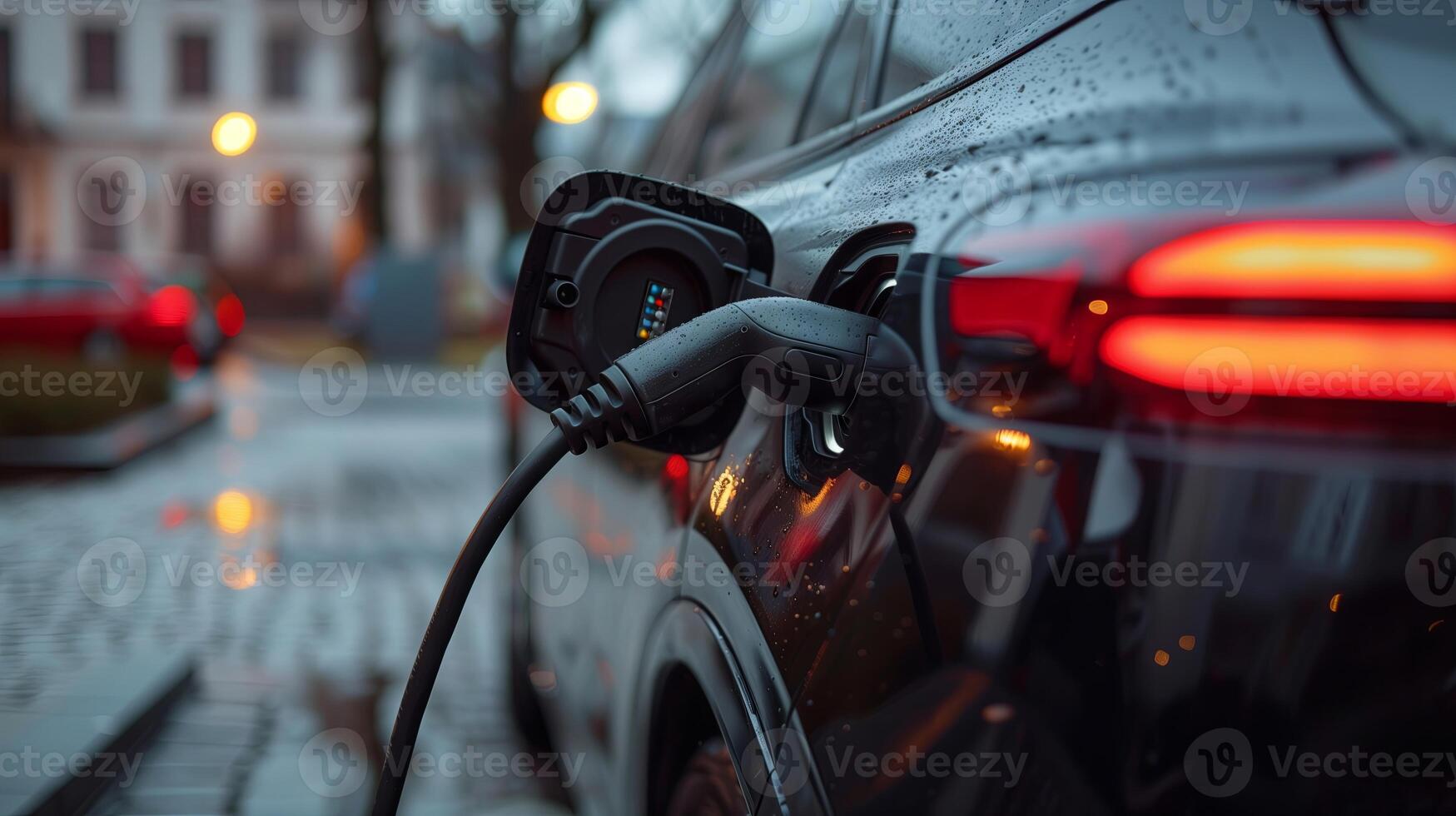 ai generado eléctrico coche cargando a cargando estación foto