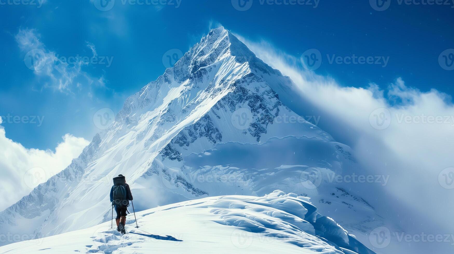 AI Generated Man Standing on Snow Covered Mountain photo