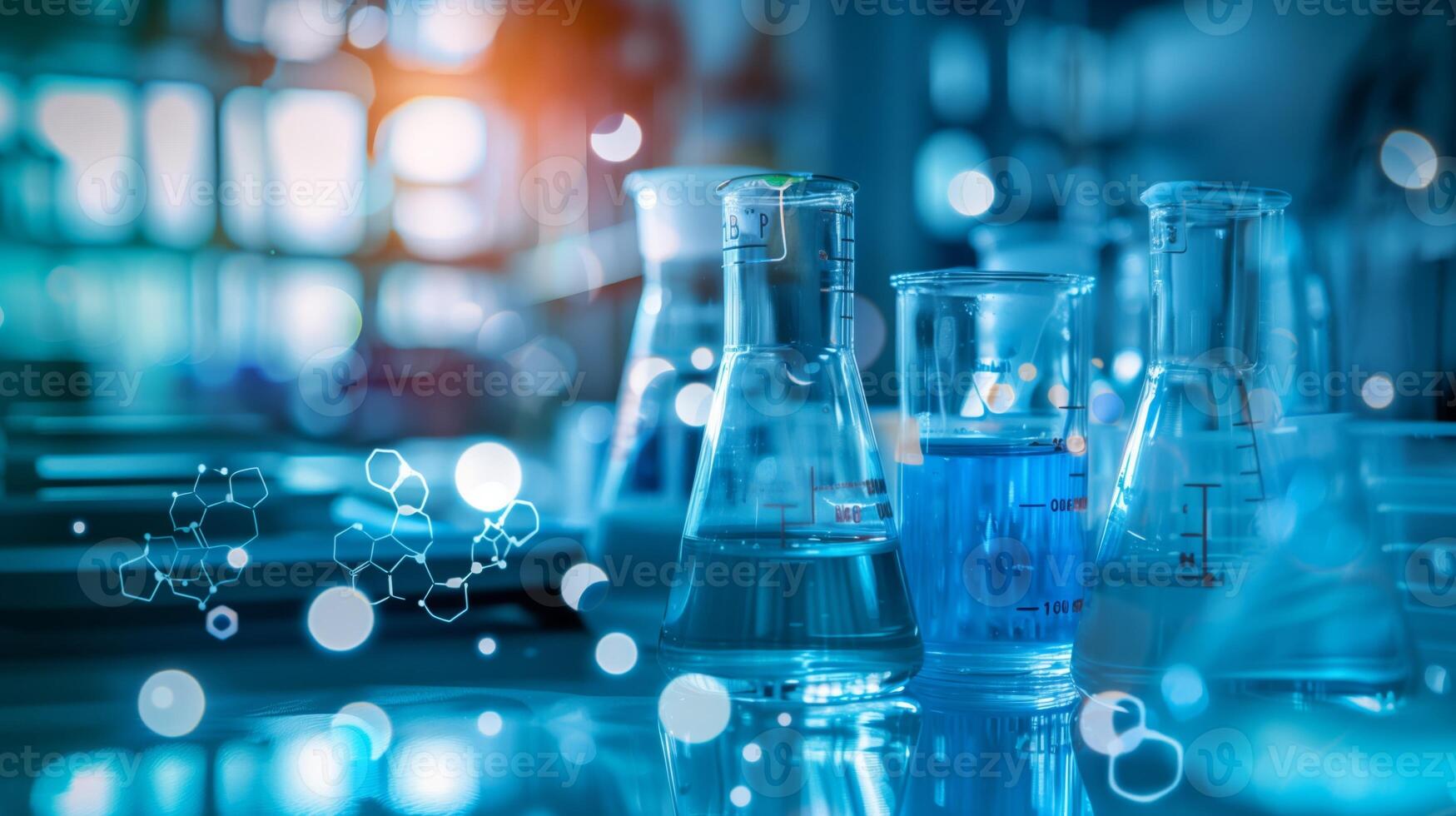 AI Generated Laboratory Research With Glassware and Chemical Structures Illuminated in Blue Light photo