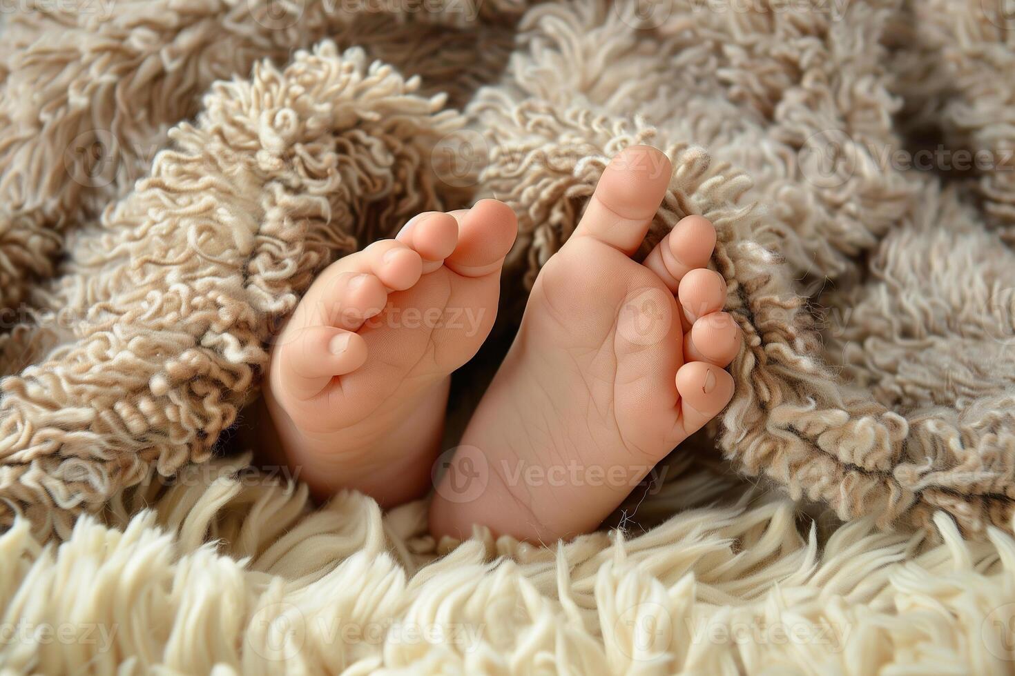 ai generado de cerca de bebé pies descansando en suave mullido cobija foto