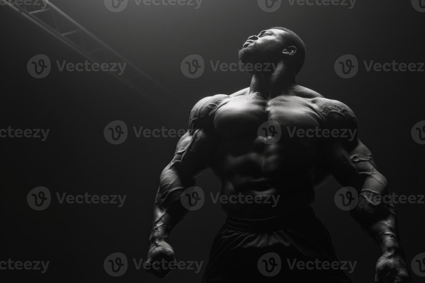 AI Generated Majestic Pose of a athlete Bodybuilder Showcasing Muscular Physique in a Dramatic Light photo