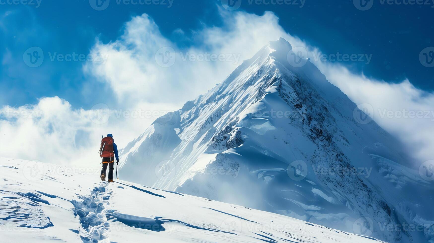 ai generado hombre en pie en nieve cubierto montaña cumbre foto