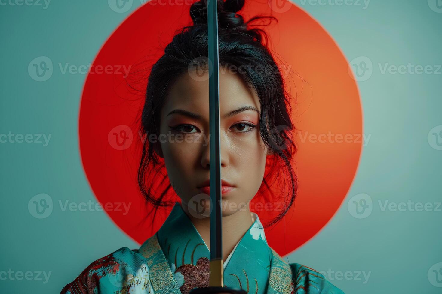 ai generado asiático mujer en kimono participación katana espada foto