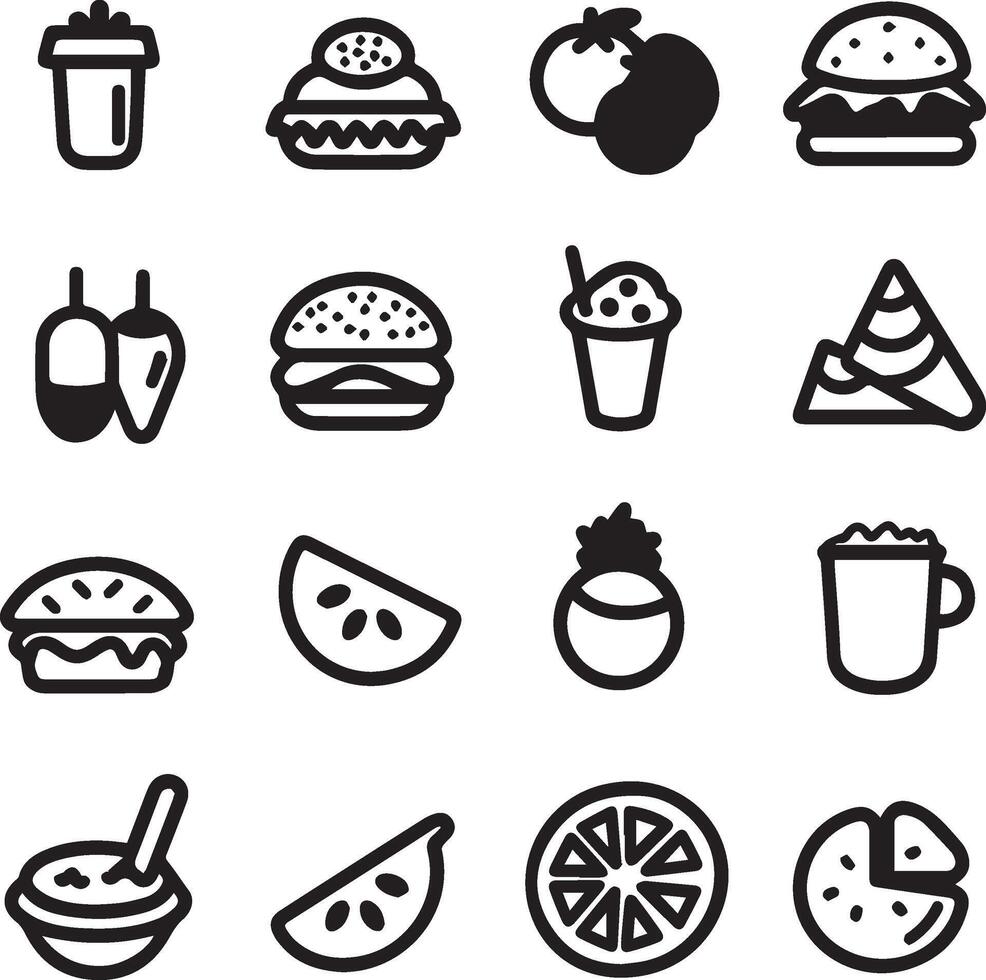 Food icons set. Collection vector black outline logo white background