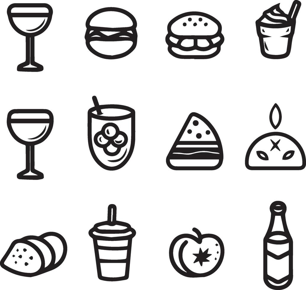 Food icons set. Collection vector black outline logo white background