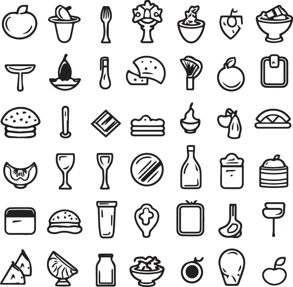 Food icons set. Collection vector black outline logo white background