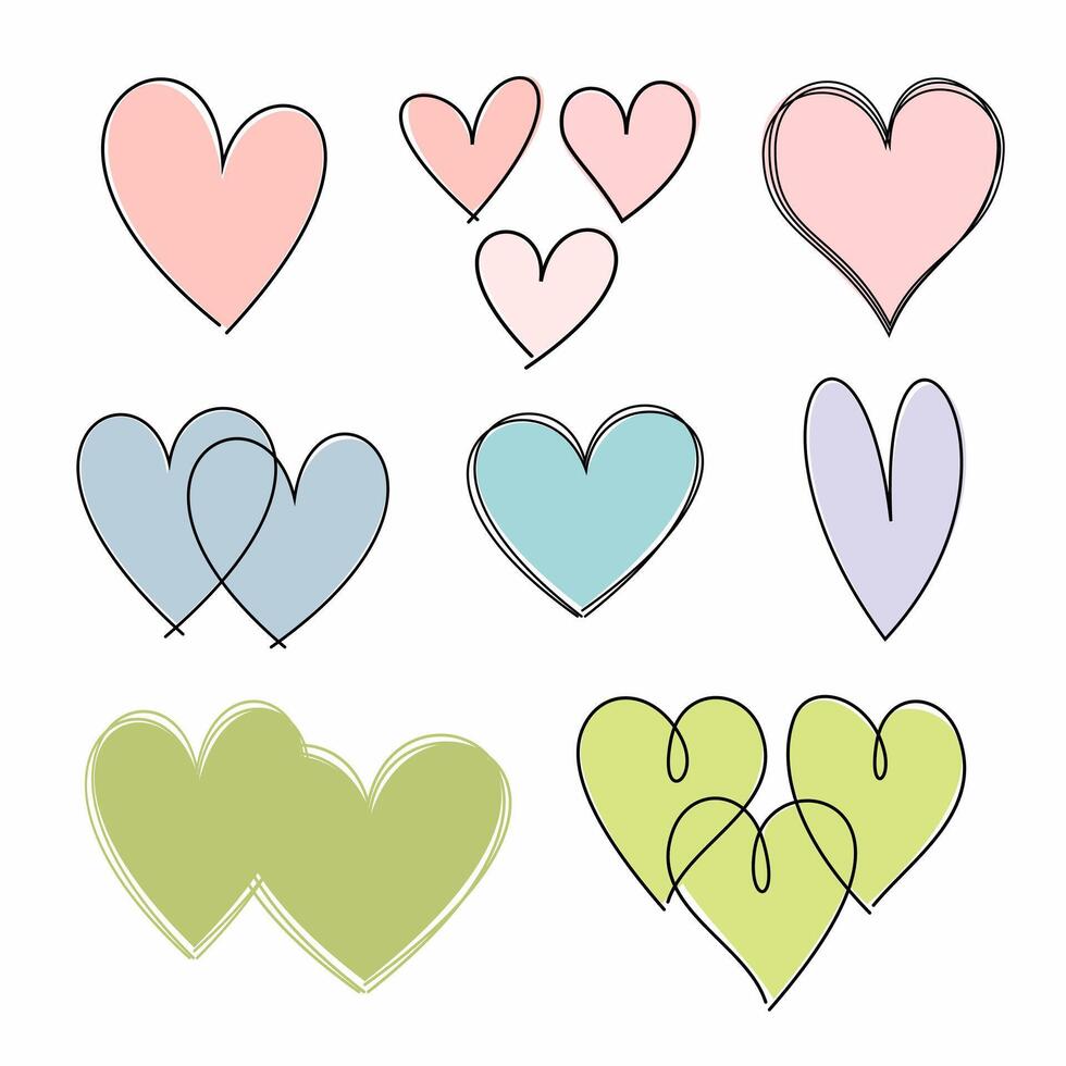 Hand drawing hearts icon with water color spot set vector. vector