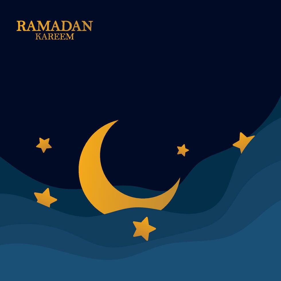Ramadan Kareem vector backgound, 3d paper cut waves and stars on night sky, template with gold moon.