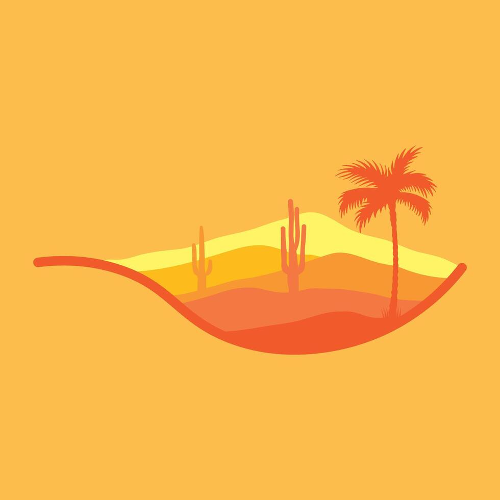 Vector illustration of sunset desert panoramic view with mountains