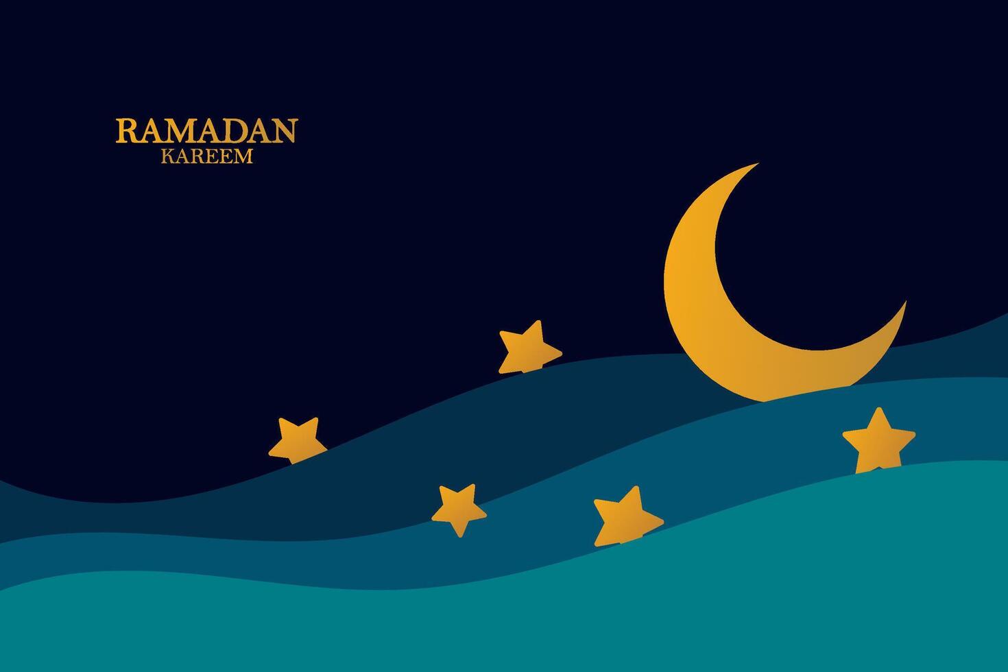 Ramadan Kareem vector backgound, 3d paper cut waves and stars on night sky, template with gold moon.