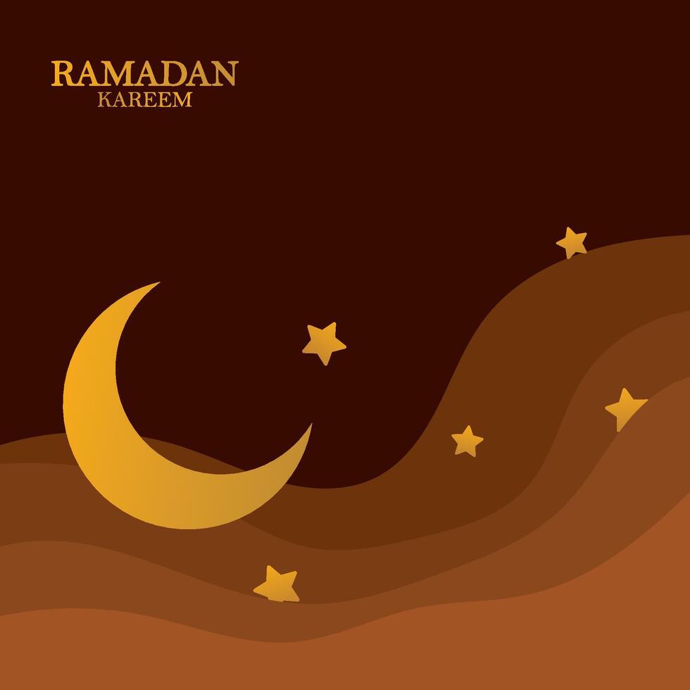 Ramadan Kareem vector backgound, 3d paper cut waves and stars on night sky, template with gold moon.