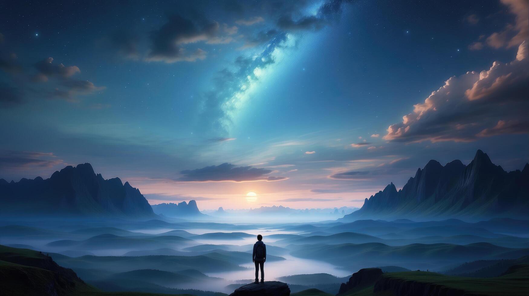 AI generated Solitary Figure Against Twilight Skies A Surreal Fusion of Starlight and Sunrise photo