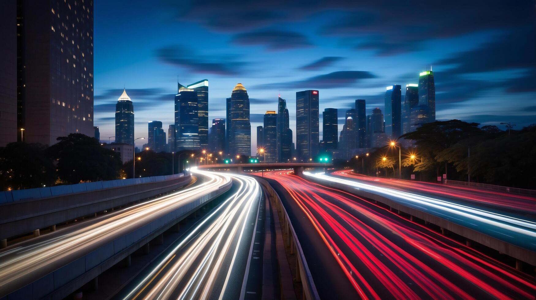 ai generado dinámica ligero corrientes a lo largo el urbano paisaje nocturno foto