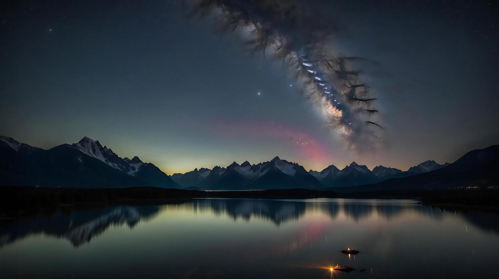 AI generated Starry Sky and Aurora Hues Over a Mountain Lake photo