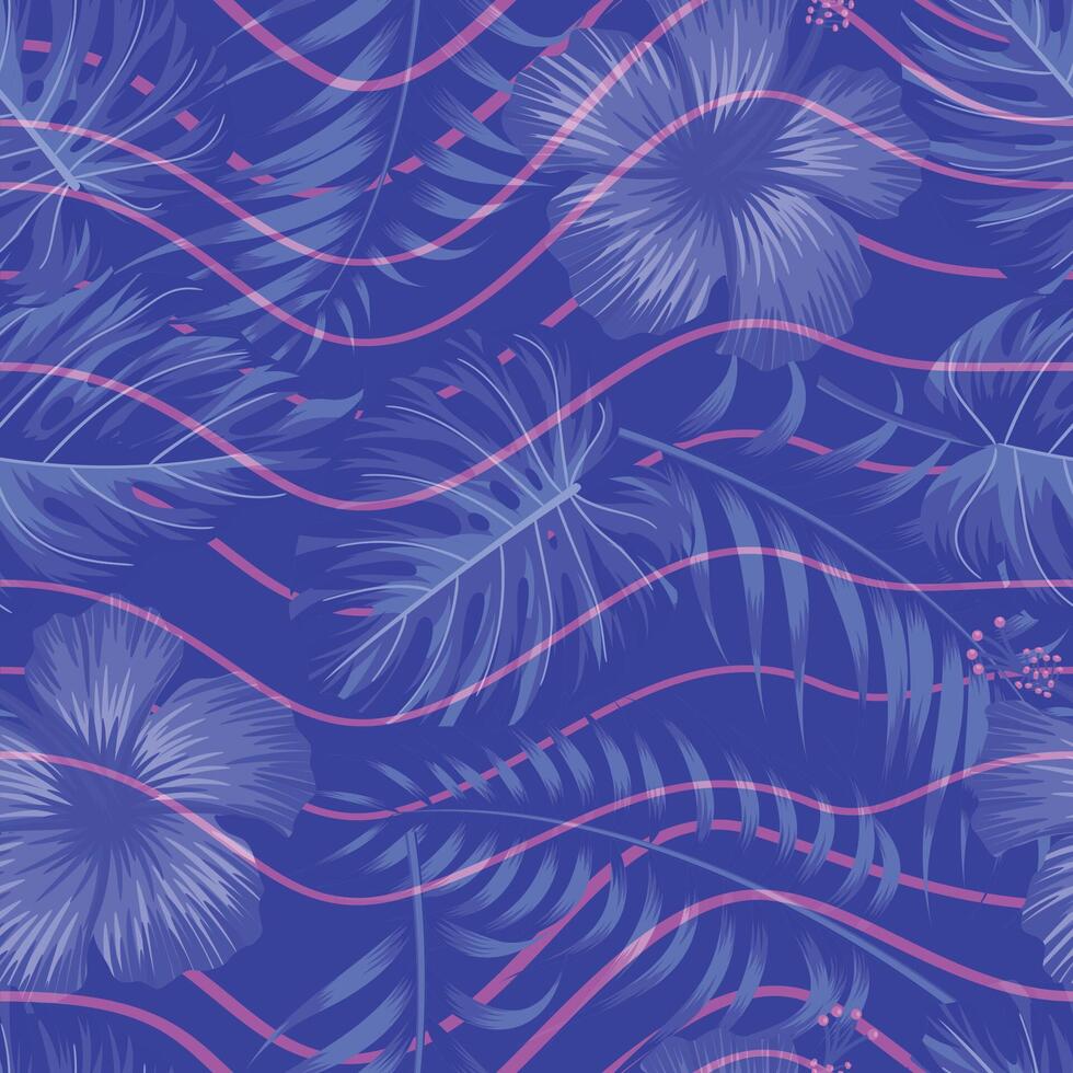 Floral seamless pattern with leaves. wavy lines, tropical background vector