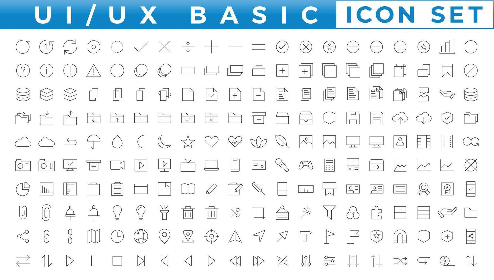 Basic User Interface Essential mega file Set. Line Outline Icons. For App, Web, Print. Editable Stroke. vector