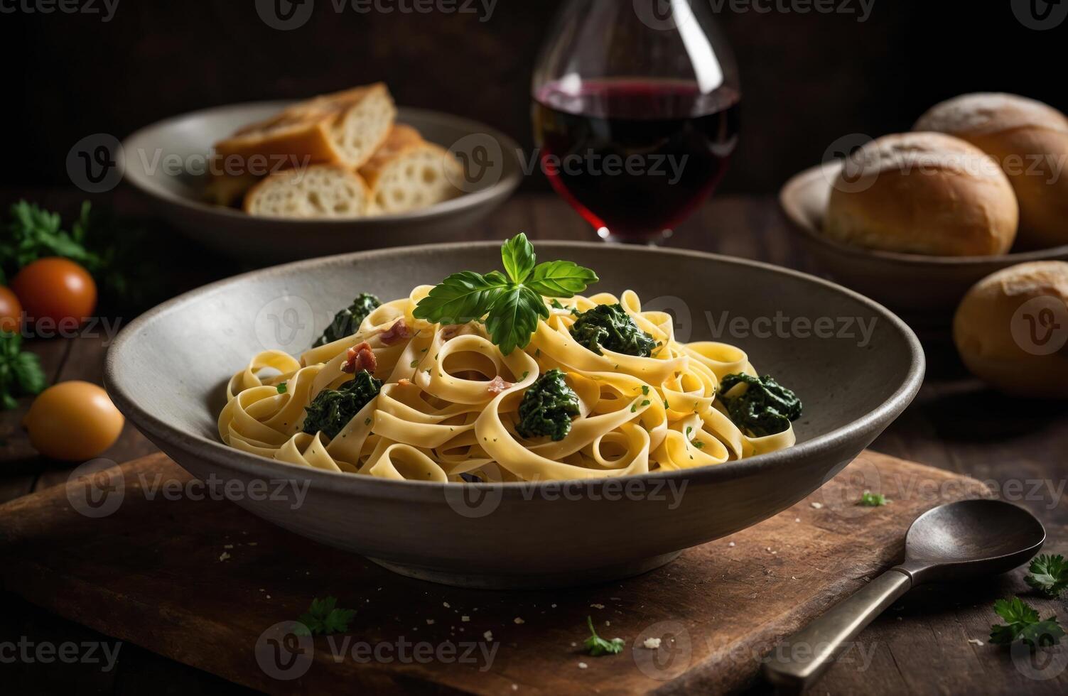 ai generado pasta con carne, vegetales y vino foto