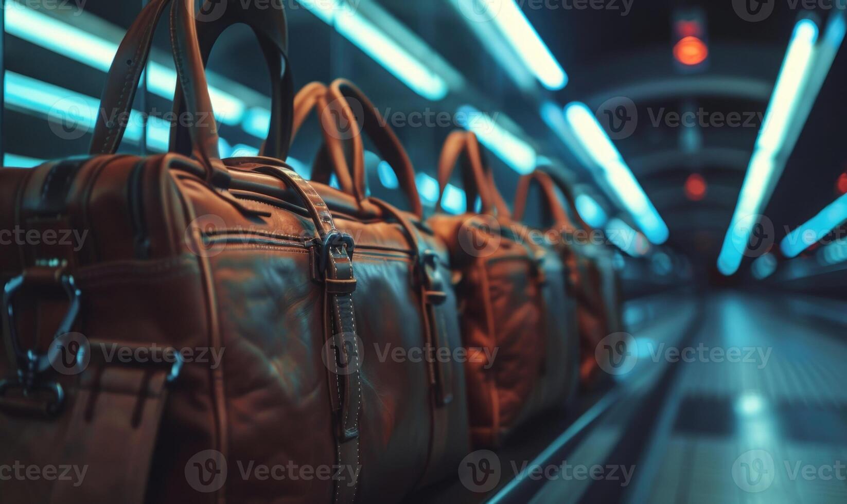 AI generated Stylish leather bags in store, closeup. Luxury shopping photo