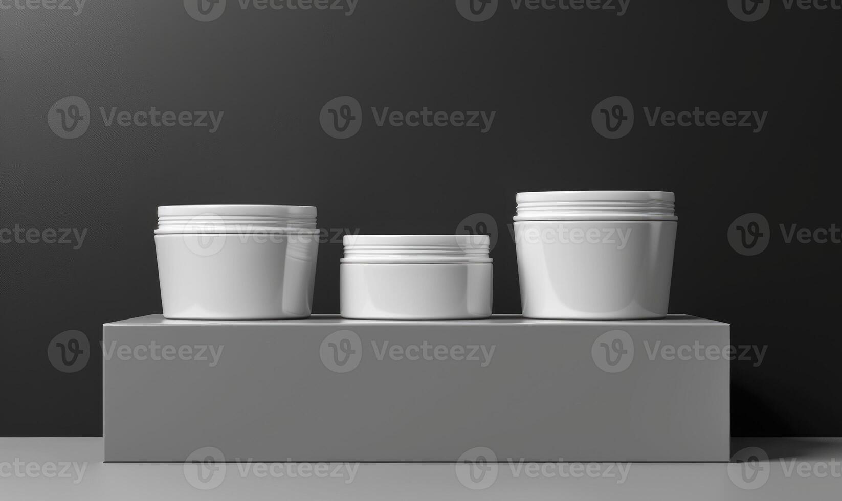 AI generated Mockup rendering of three white round cosmetic jars on white podium. photo