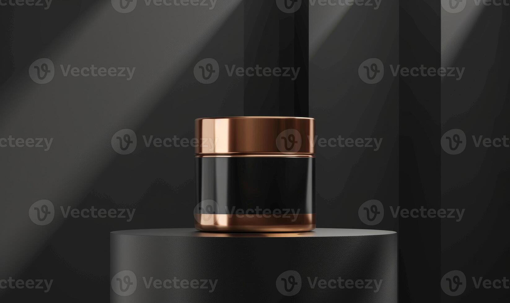 AI generated Mockup of golden cylinder on black background. Luxury podium for product presentation. photo