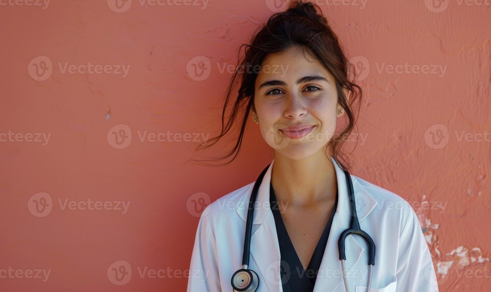AI generated Portrait of smiling nurse with stethoscope looking at camera on pink background. Doctor. Medicine and healthcare. photo