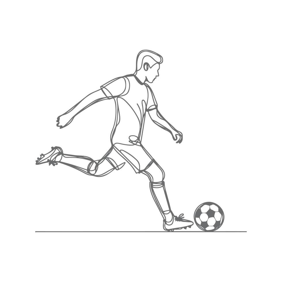 A single continuous line art vector illustration design of a boy playing football. Minimalist soccer playing concept.