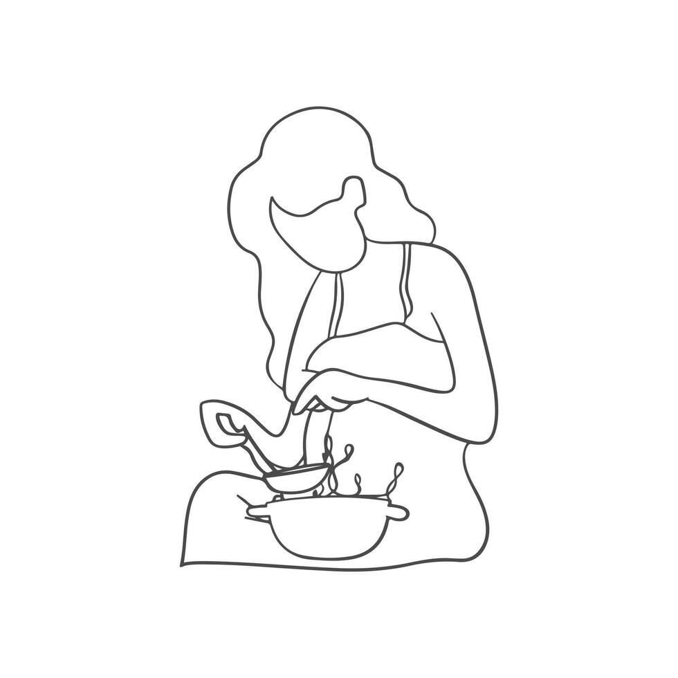 A single continuous line art of a simple vector illustration design of a woman cooking, baking. Minimalist art.