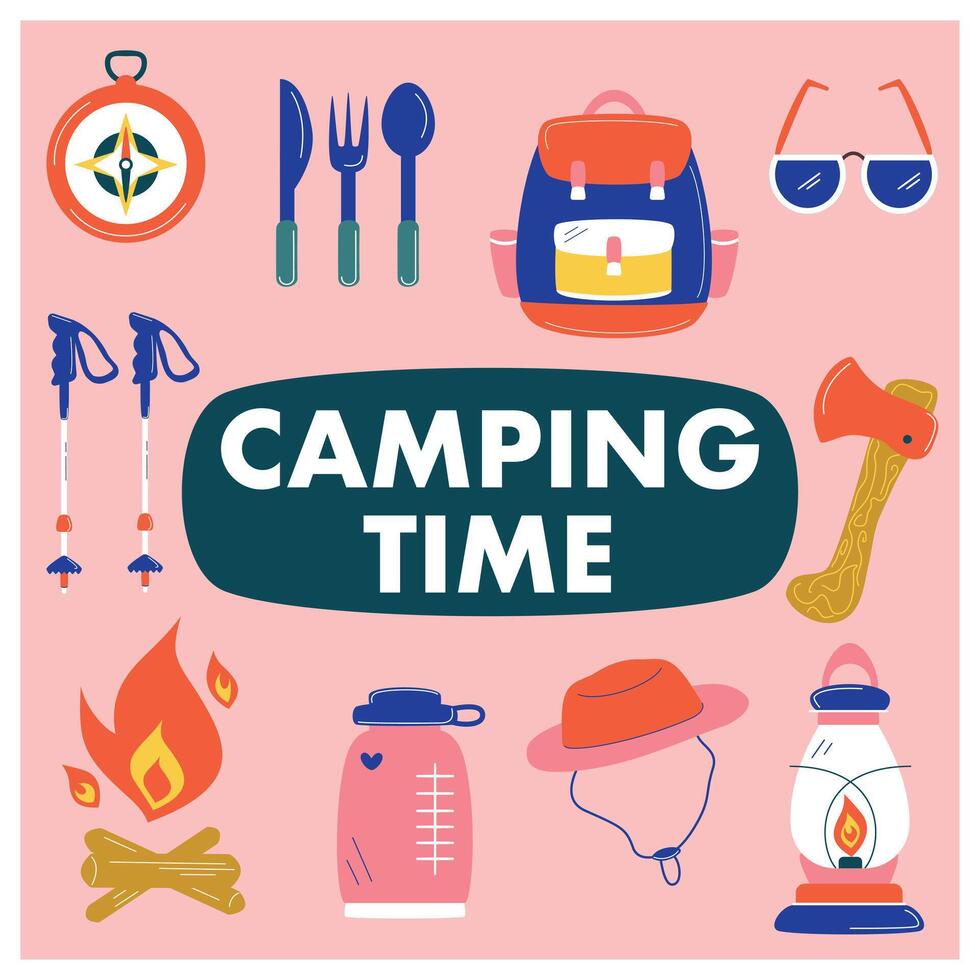 camping time. a bright set with camping things vector