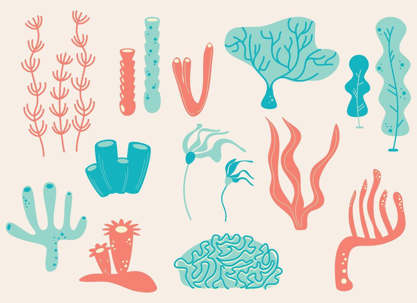 set with algae, corals, marine plants vector illustration