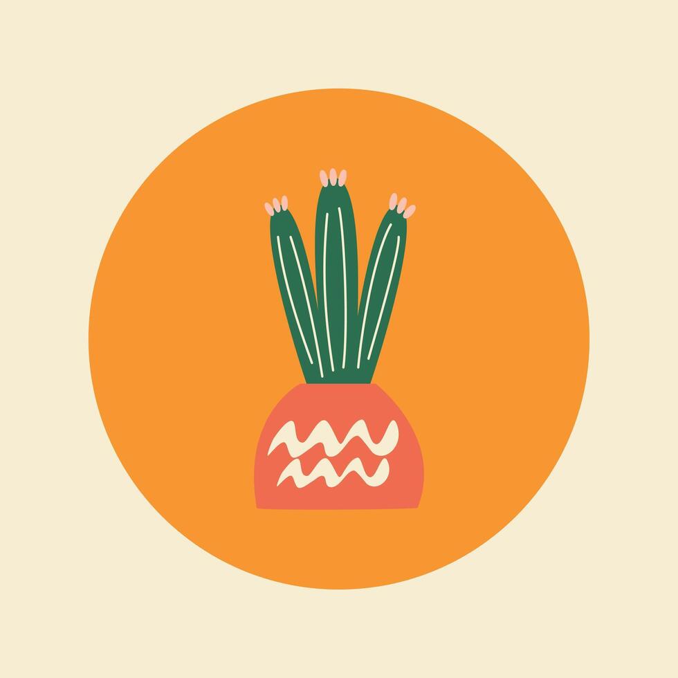 cute bright cactus in a pot placed in the circle background, icon, vector illustration