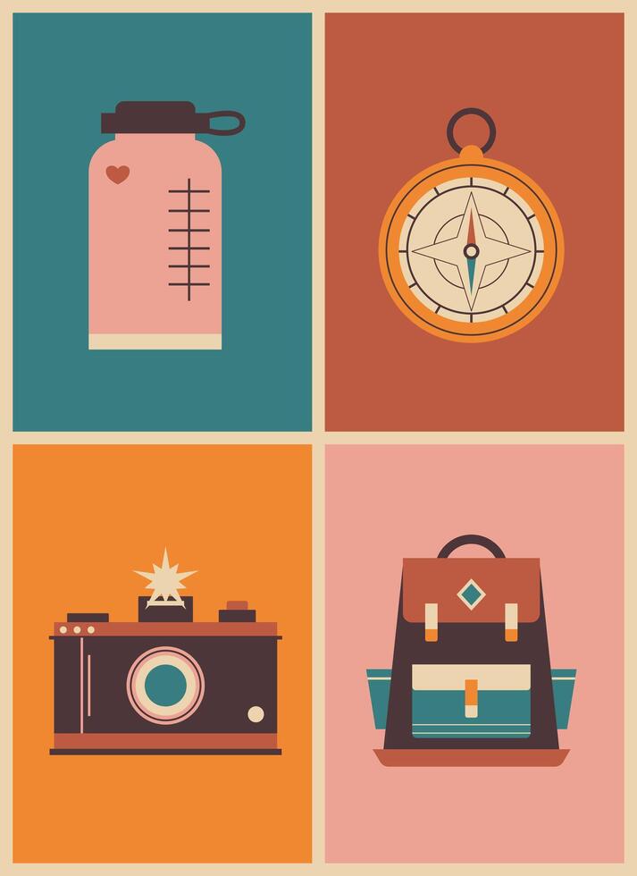 retro geometric bright poster with camping and hiking things. thermos, compass, camera, backpack vector illustration